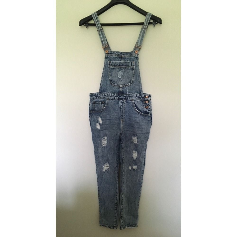 Forever 21 Blue Denim Jean Overalls Womens Size 28 Distressed Acid Wash Style